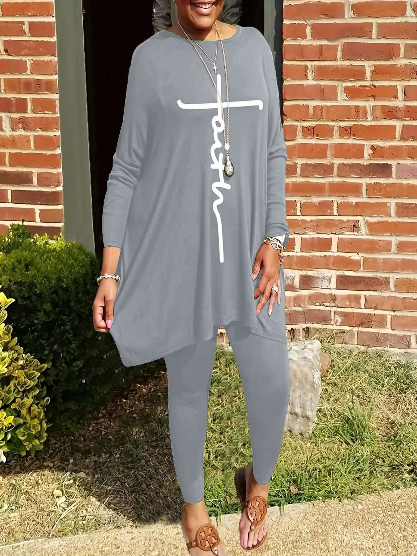 Round Neck Loose Long Sleeves Solid Color Printed Plus Size Women's Clothing Two - piece Set - DBMP (Electronics And More Store)