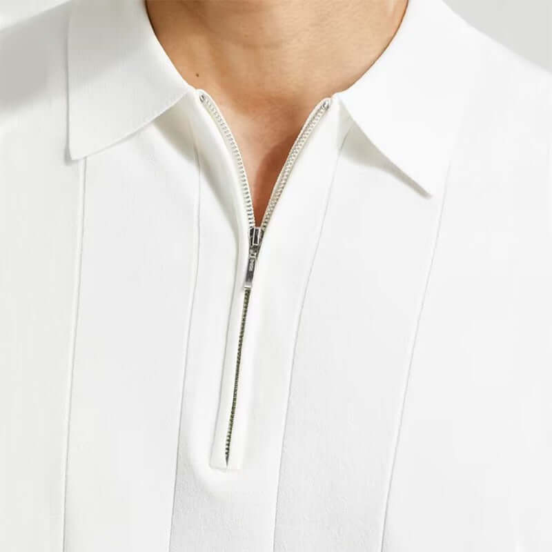 Close-up of a white short-sleeved polo shirt with a zipper, showcasing stylish lapel design for men's summer fashion.