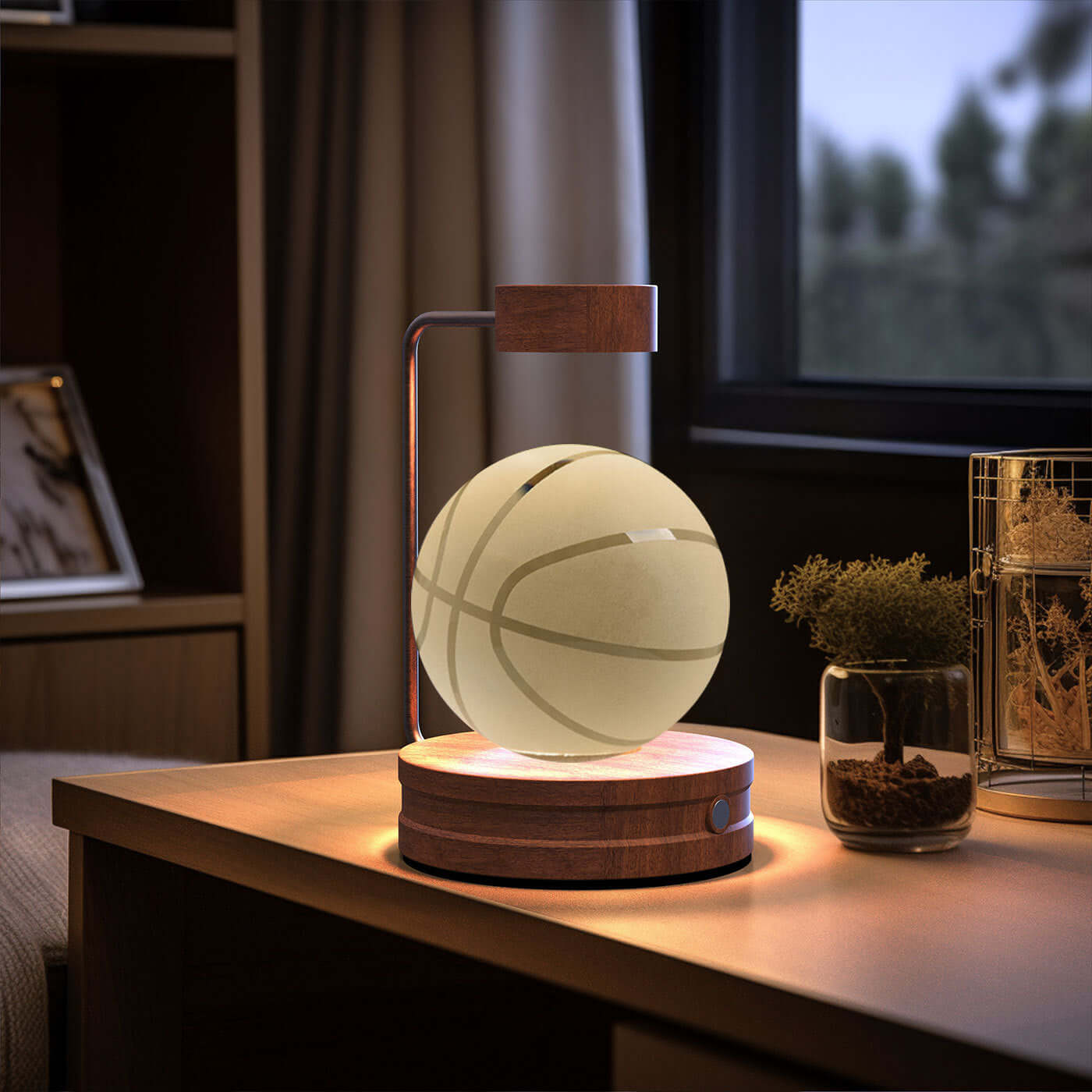 Stylish basketball-shaped night lamp with wooden base, creating a cozy ambiance in a modern room.