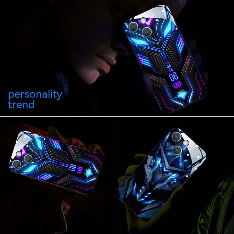 Stylish phone case with light-emitting mech design, displaying vibrant colors and a cartoon aesthetic for Apple models.