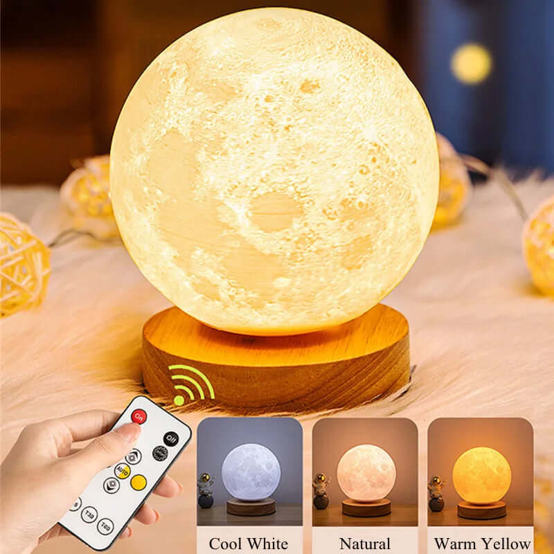 3D magnetic floating moon lamp with remote, displaying cool white, natural, and warm yellow light options for home decor.