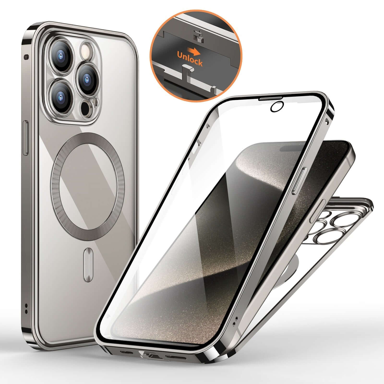Anti-privacy metal buckle magnetic support phone case with double-sided lens and full cover protection