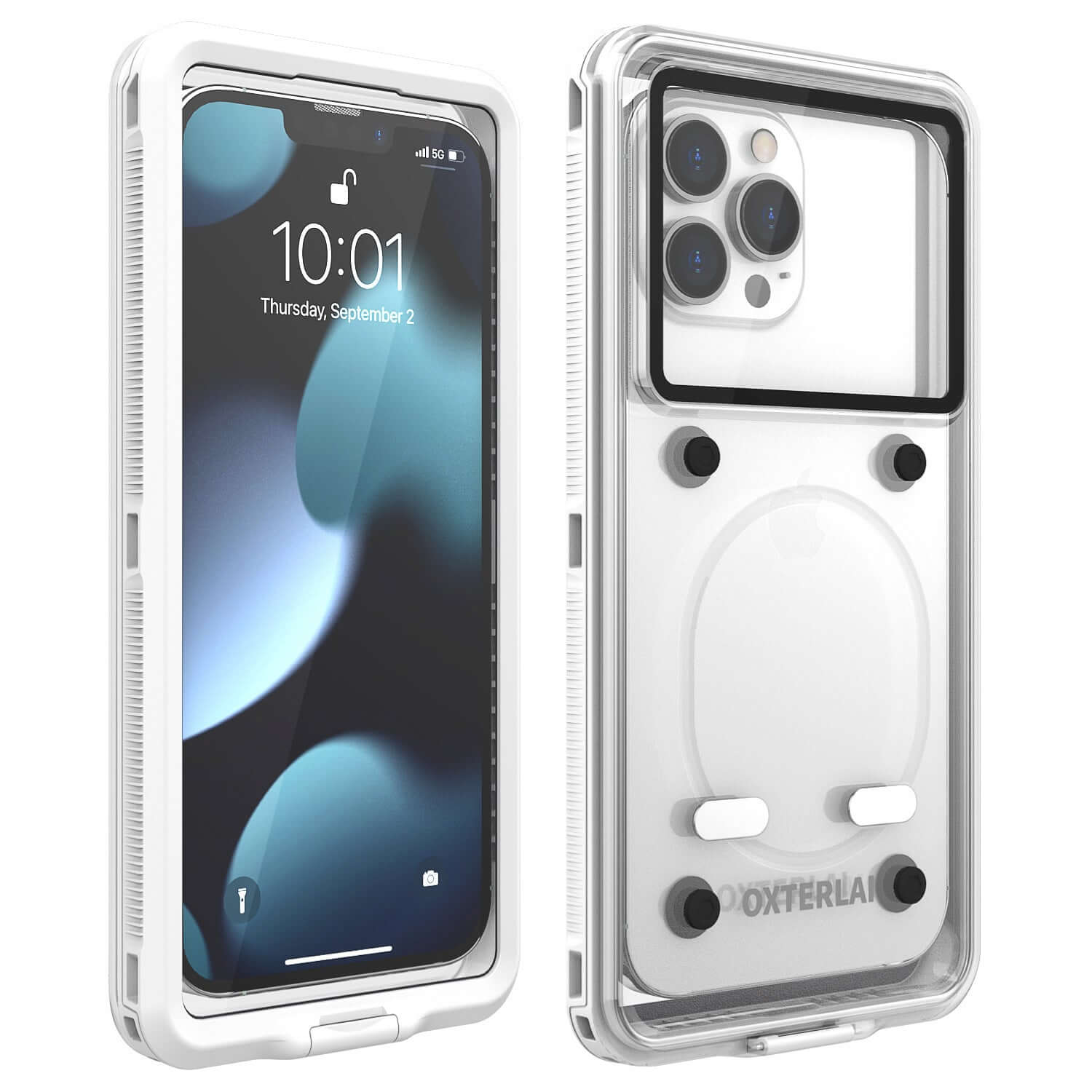 Waterproof phone case in white, showcasing protective shell for Apple iPhone, designed for diving and anti-wear.