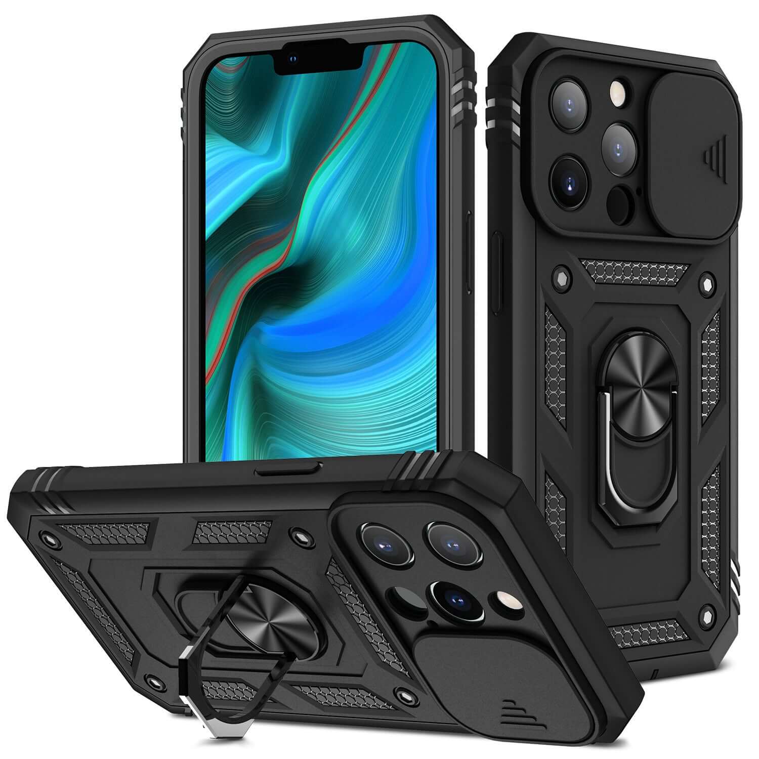 New black magnetic phone case for Apple with sliding window bracket and kickstand feature, showcasing dual camera cutouts.