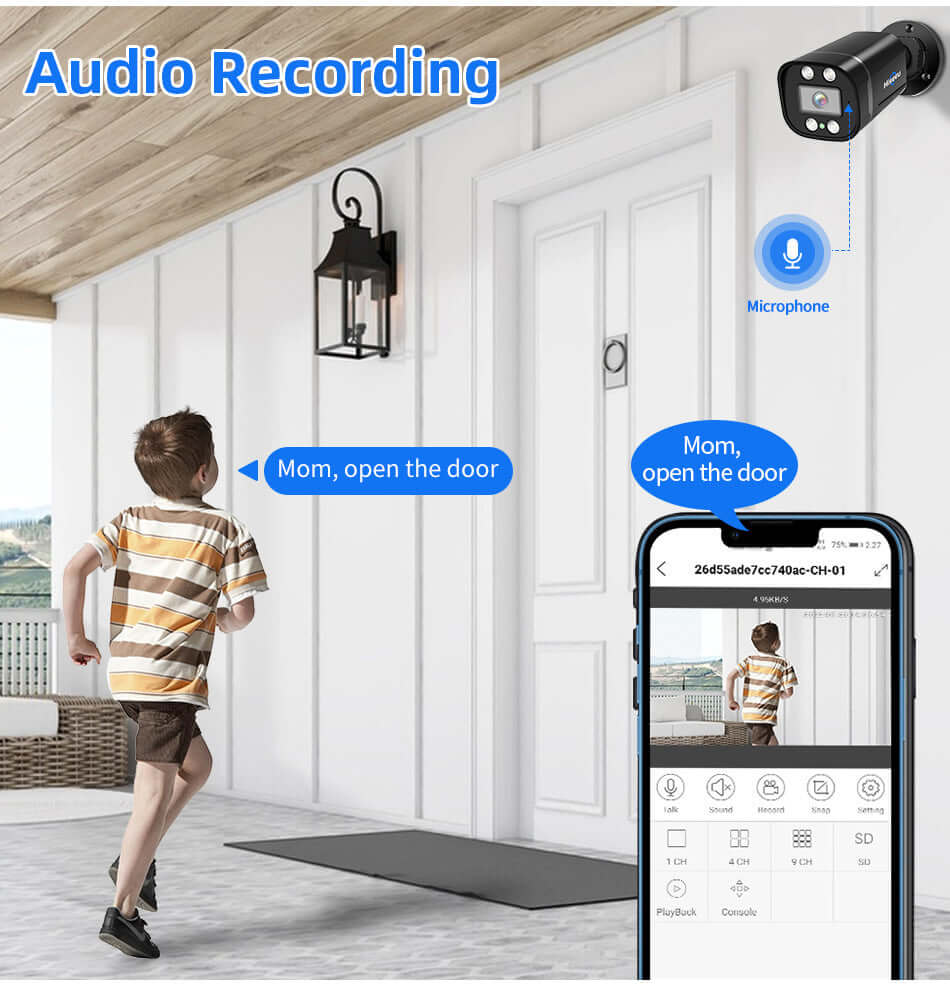 Child using a smartphone to communicate with a door camera featuring audio recording and a microphone for security.