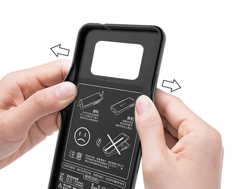 User demonstrating the installation of a Samsung Note9 back clip battery case with clear instruction labels.
