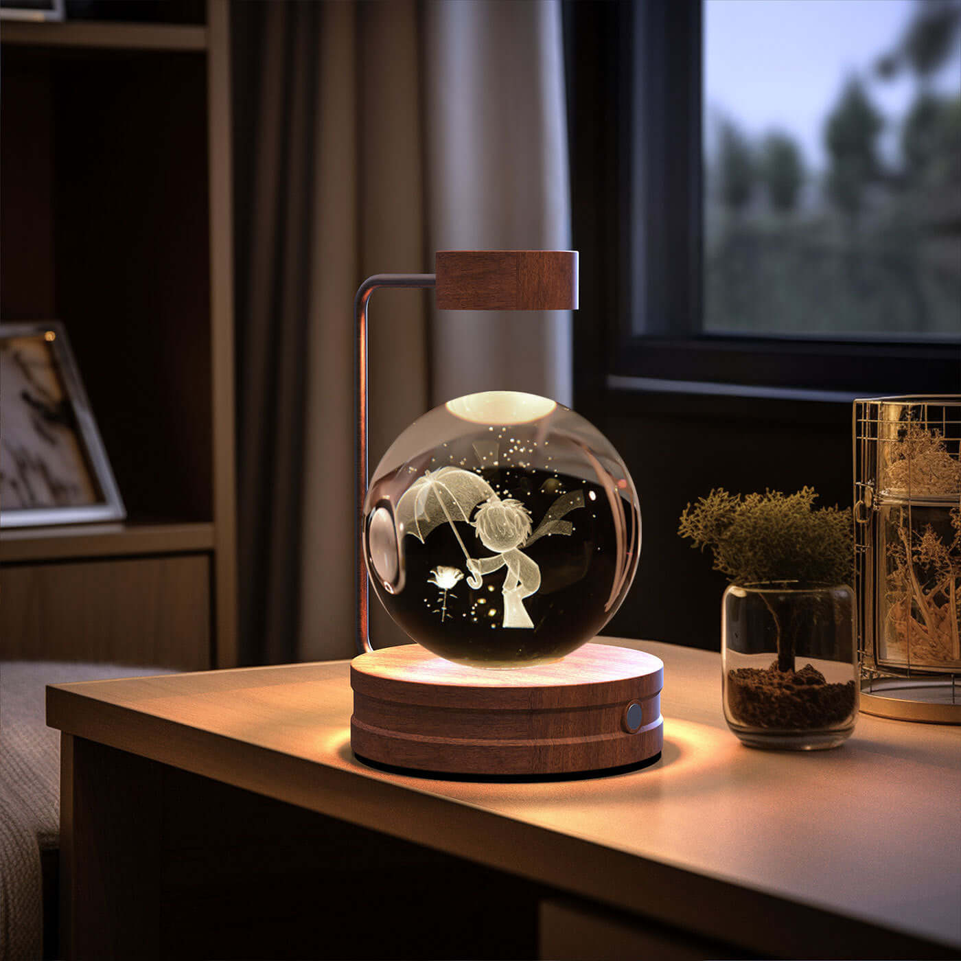 Crystal ball night light featuring a cosmic dinosaur design, ideal for bedside ambiance and gifts.