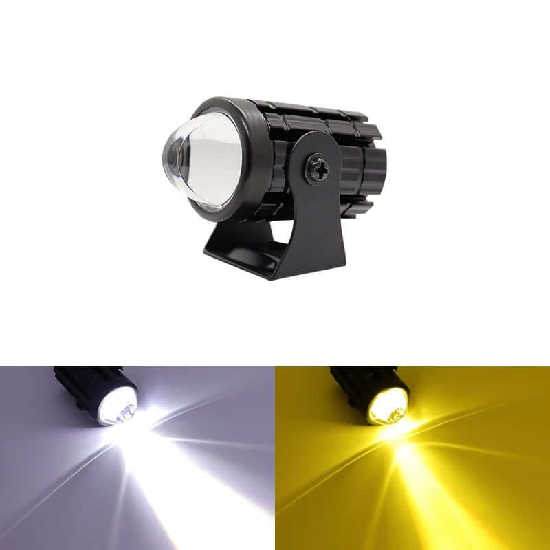 Two-color lens external electric spotlight for motorcycles with black aluminum casing.