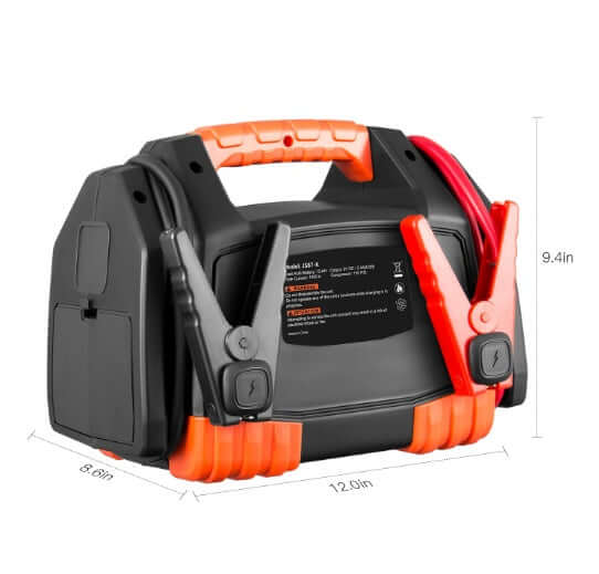 Portable battery jumper starter with air compressor, featuring clamps and compact design for emergency vehicle use.