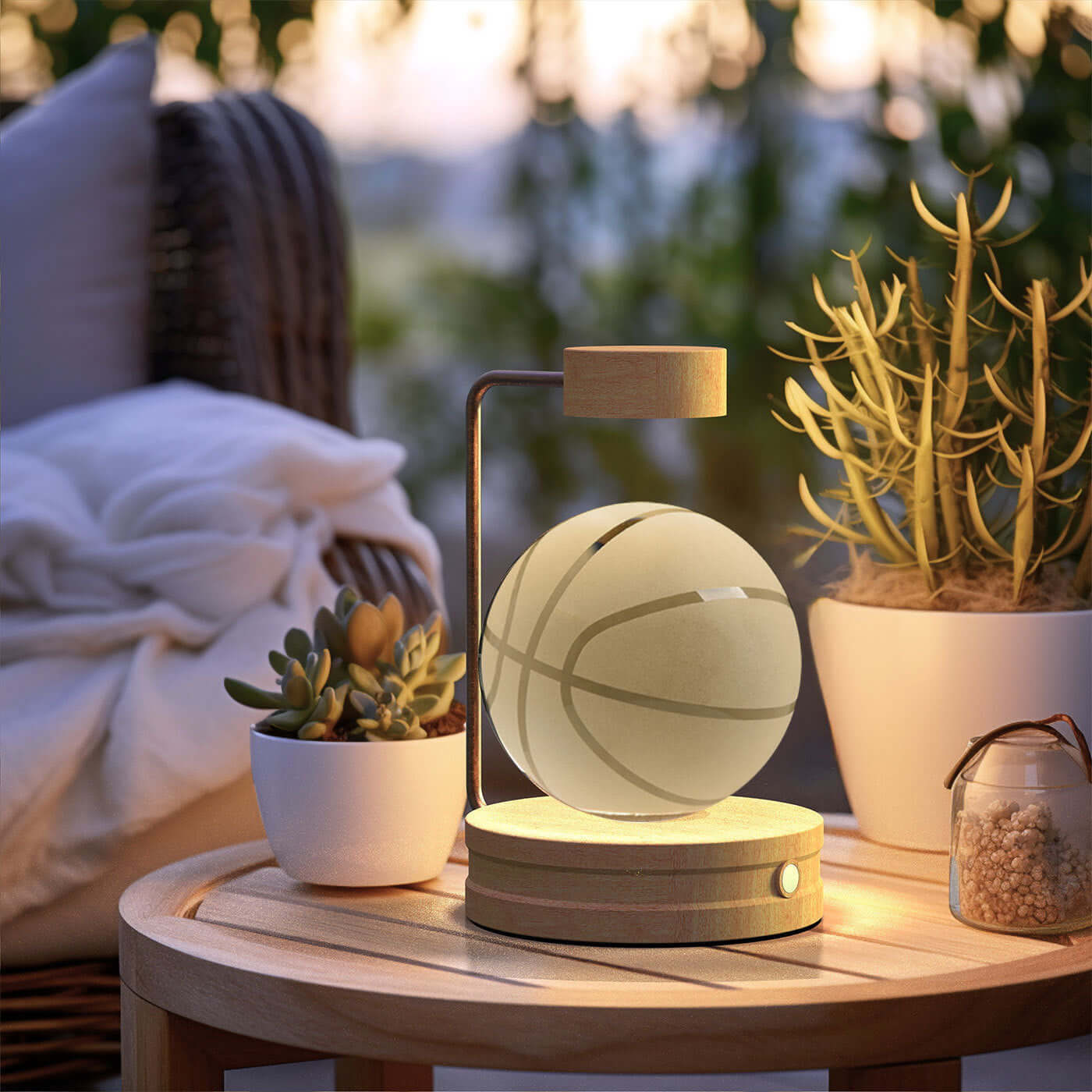Basketball-themed indoor night lamp creating a warm ambiance in a cozy setting with plants.