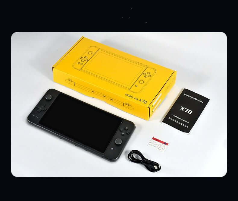 HD handheld game console Model X70 with box, manual, and charging cable, designed for two players, black color.
