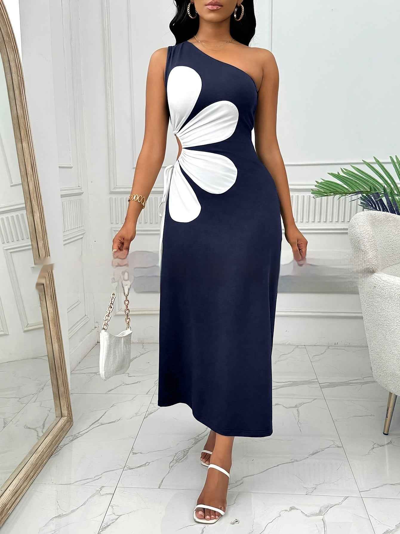 Large Flower Off-the-shoulder Sling Dress - DBMP Shop