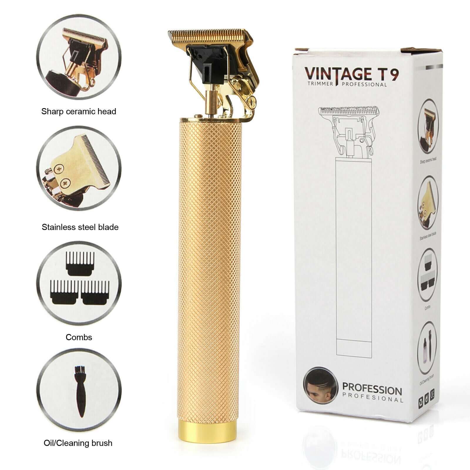 Vintage T9 professional hair clippers with sharp ceramic head and stainless steel blade for precision trimming.