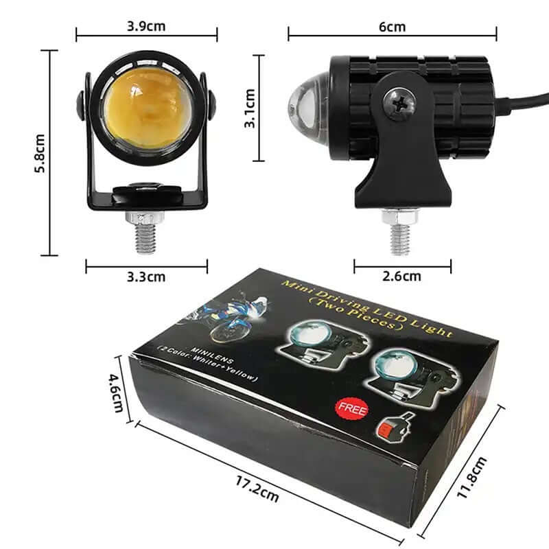 Two-color lens LED headlight for motorcycles, compact spotlight with dimensions and packaging details.