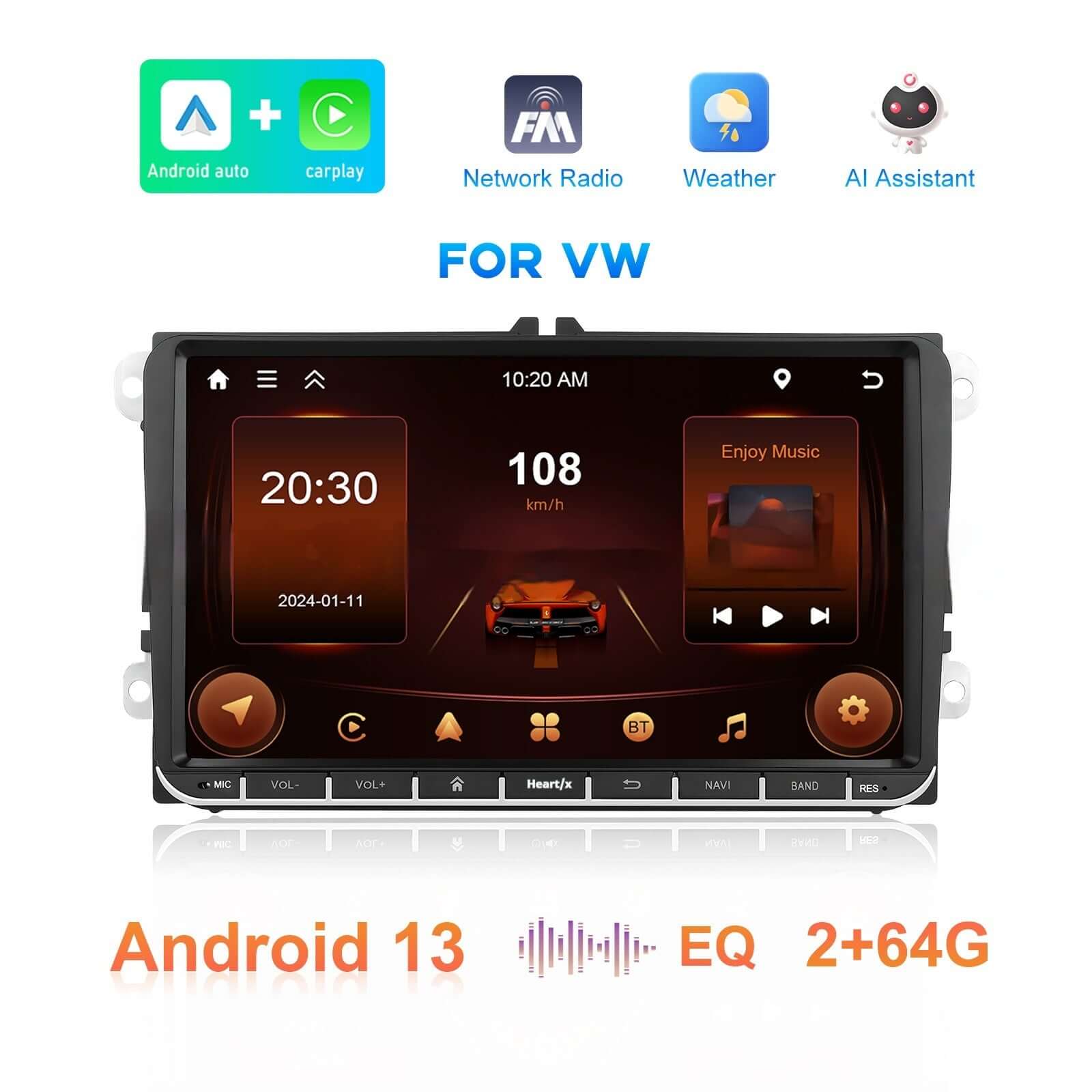 Vehicle navigation player for VW with Android 13, Carplay, network radio, and AI assistant features.