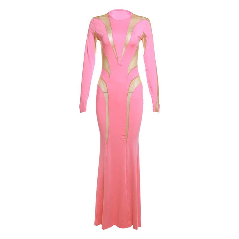 Mesh Stitching Solid Color Elegant Slim Slimming Dress - DBMP Shop