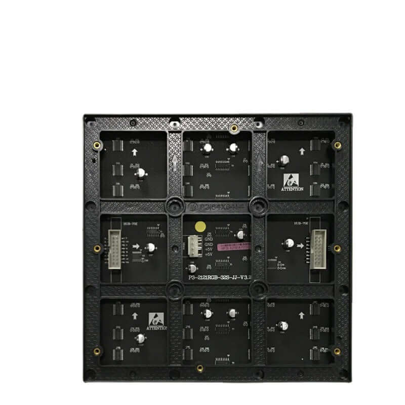 P3 indoor full-color HD LED display screen with mosaic installation, showcasing electronic components and module layout.