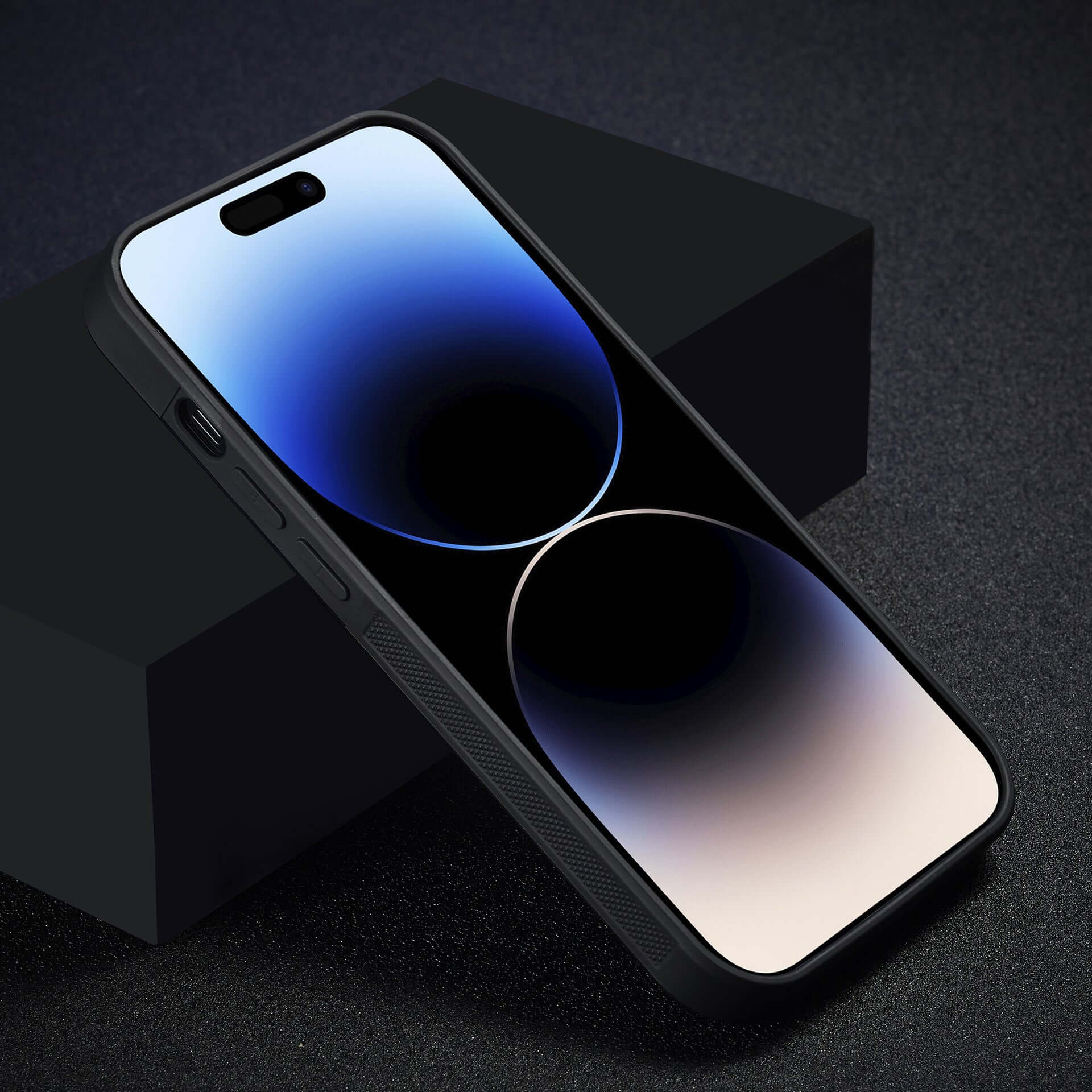 Black carbon fiber phone shell for iPhone model, featuring a sleek, all-inclusive design and anti-fall protection.