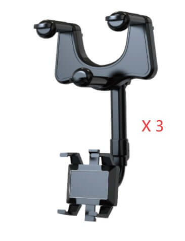 Black rearview mirror phone holder with adjustable arms for car, suitable for all mobile phones.