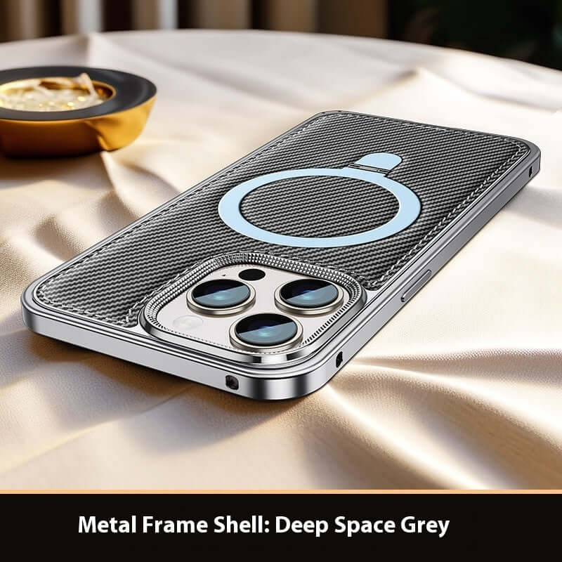 Elastic buckle metal frame phone case in deep space grey with carbon fiber pattern, perfect fit for Apple models.