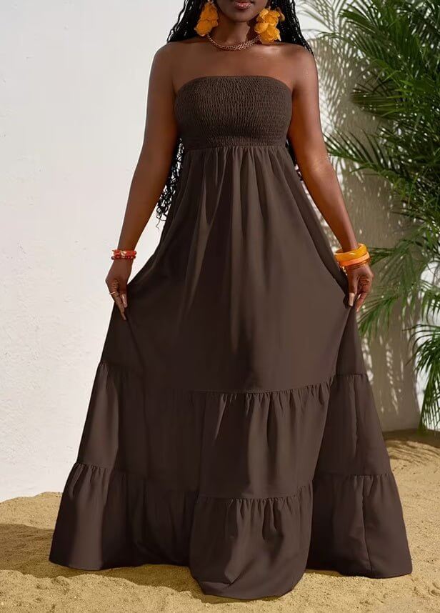 Vibrant Strapless Pleated Multi - layered Full Skirt Dress, Women's Sleeveless Long Resort Style Dress - DBMP (Electronics And More Store)