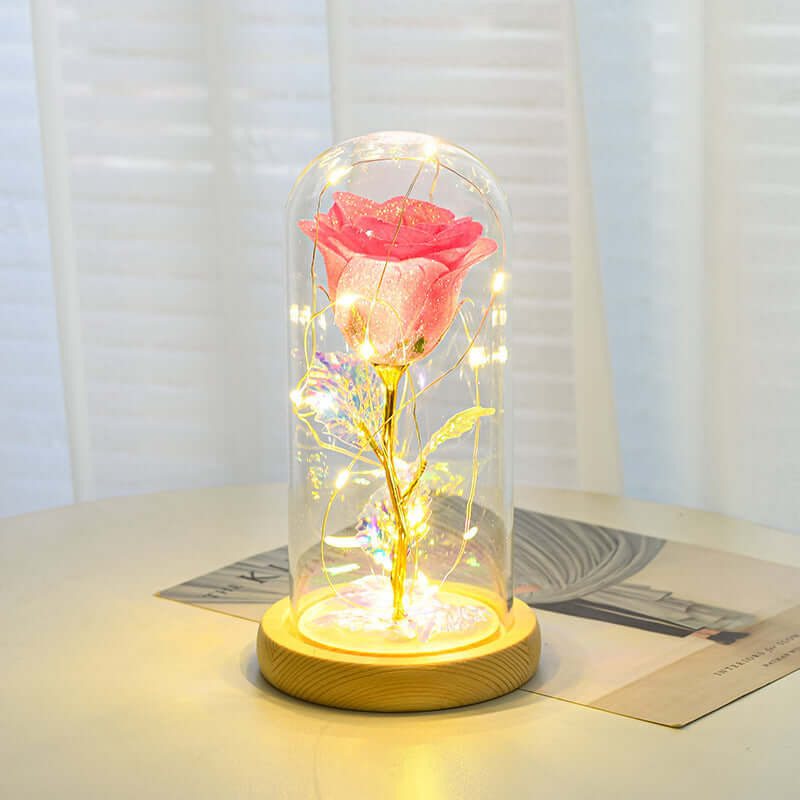 LED lighted eternal rose in glass cover, perfect for romantic gifts and home decor.