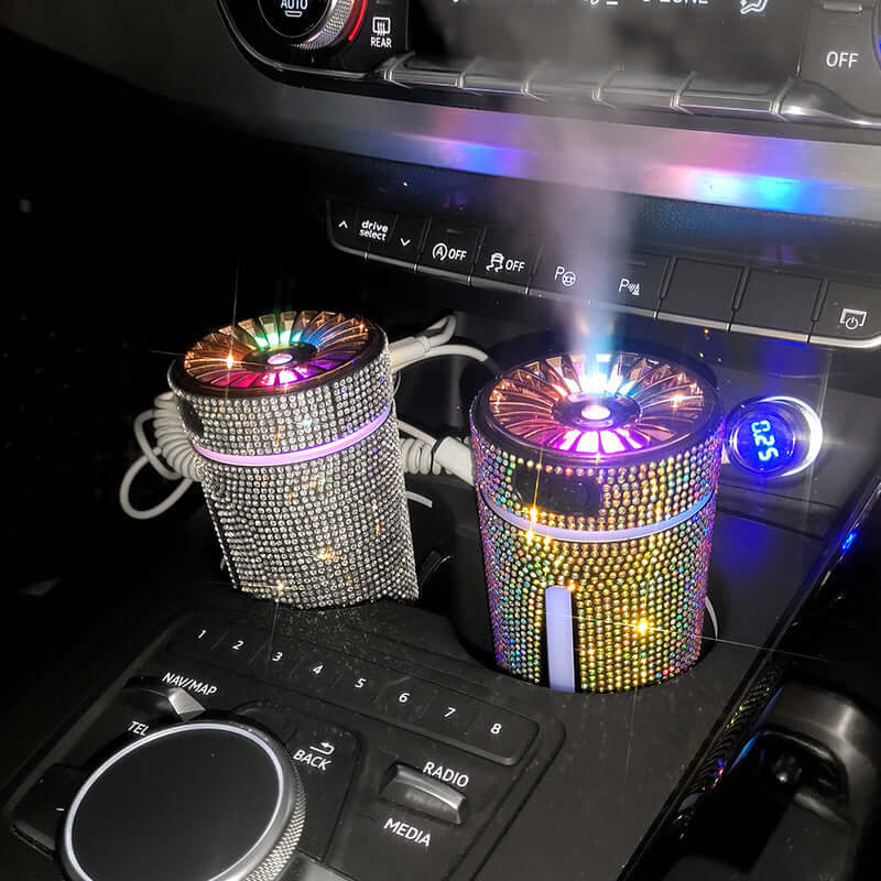 Luxury diamond car humidifier and diffuser with LED lights, adding moisture and fragrance to the car interior.
