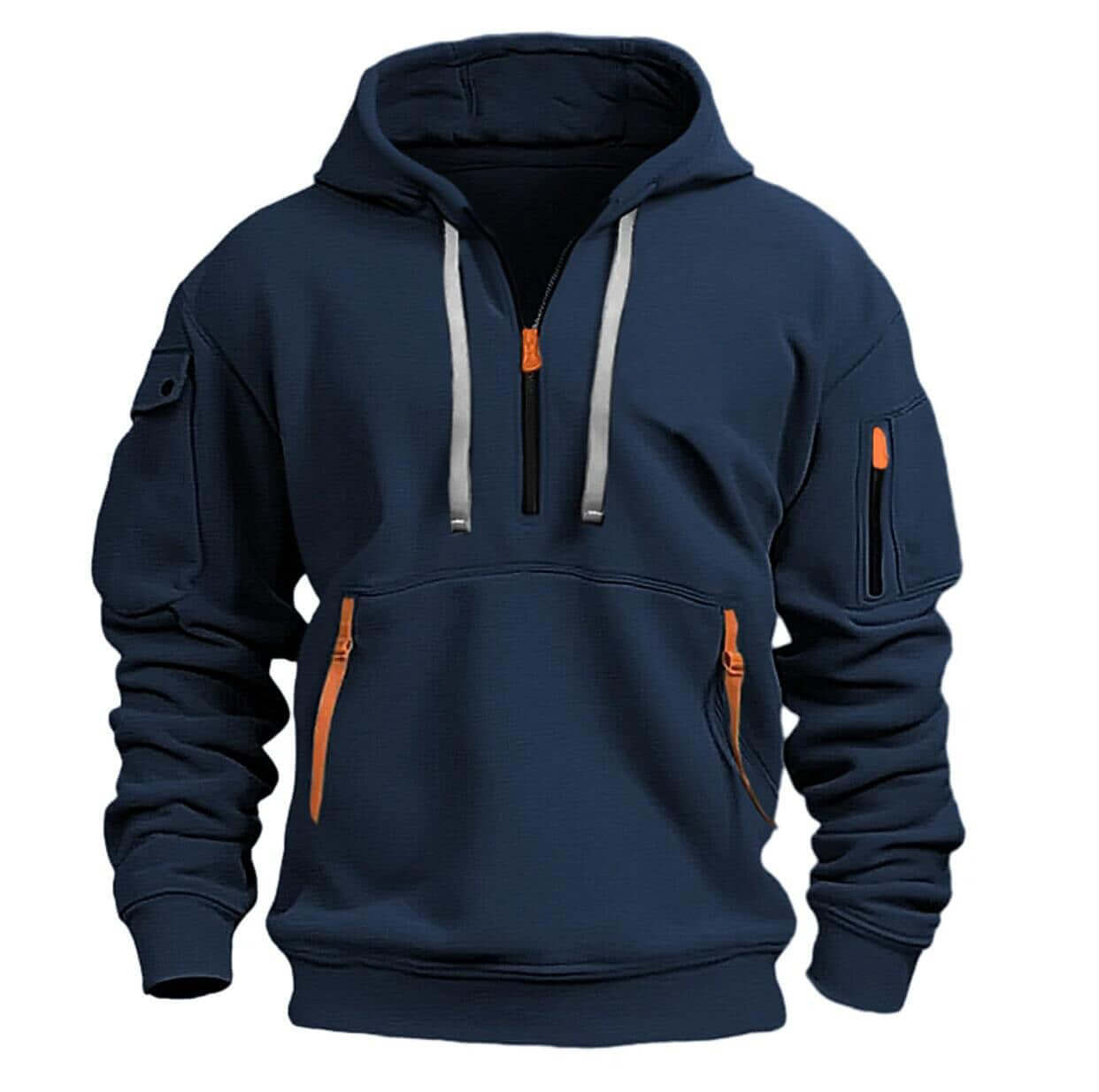 Navy blue hooded sweatshirt with orange accents and zippered pockets for men and women, perfect for casual and sporty styles.