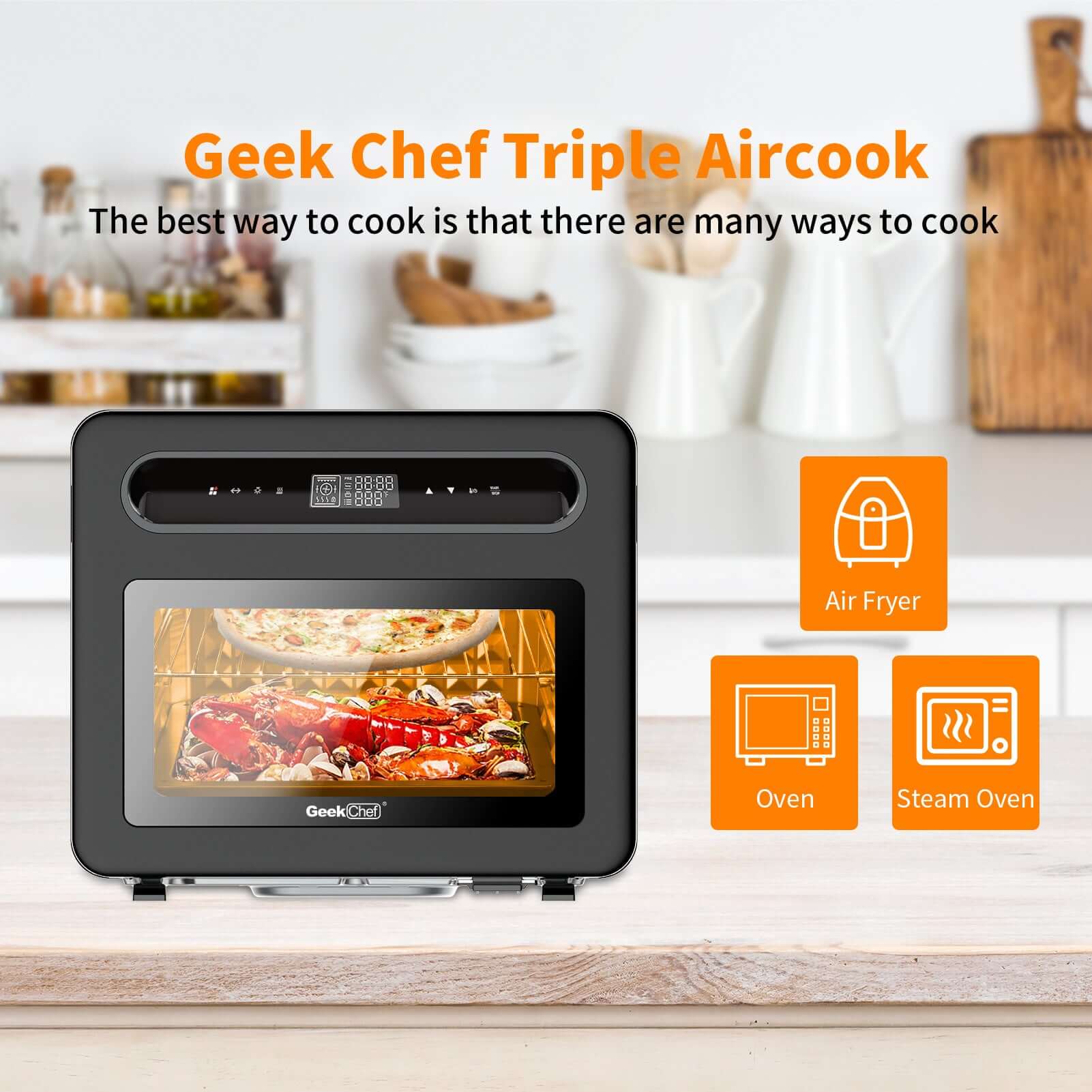 Geek Chef Triple Aircook showcasing an air fryer, oven, and steam oven with a colorful dish inside.