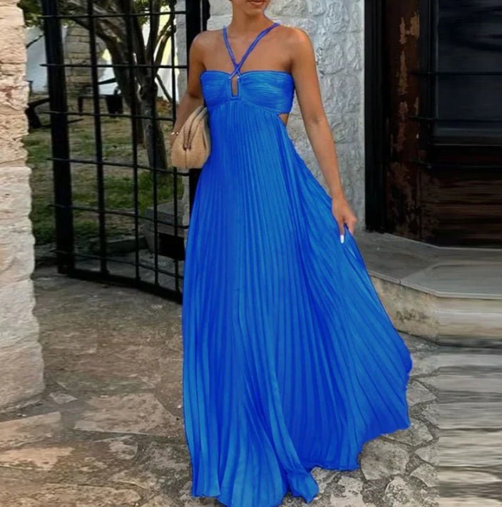 Ins Pleated Sleeveless Sling Dress Hollow High Waist Halter Robe Dresses For Evening Party Club Clothing Women - DBMP (Electronics And More Store)