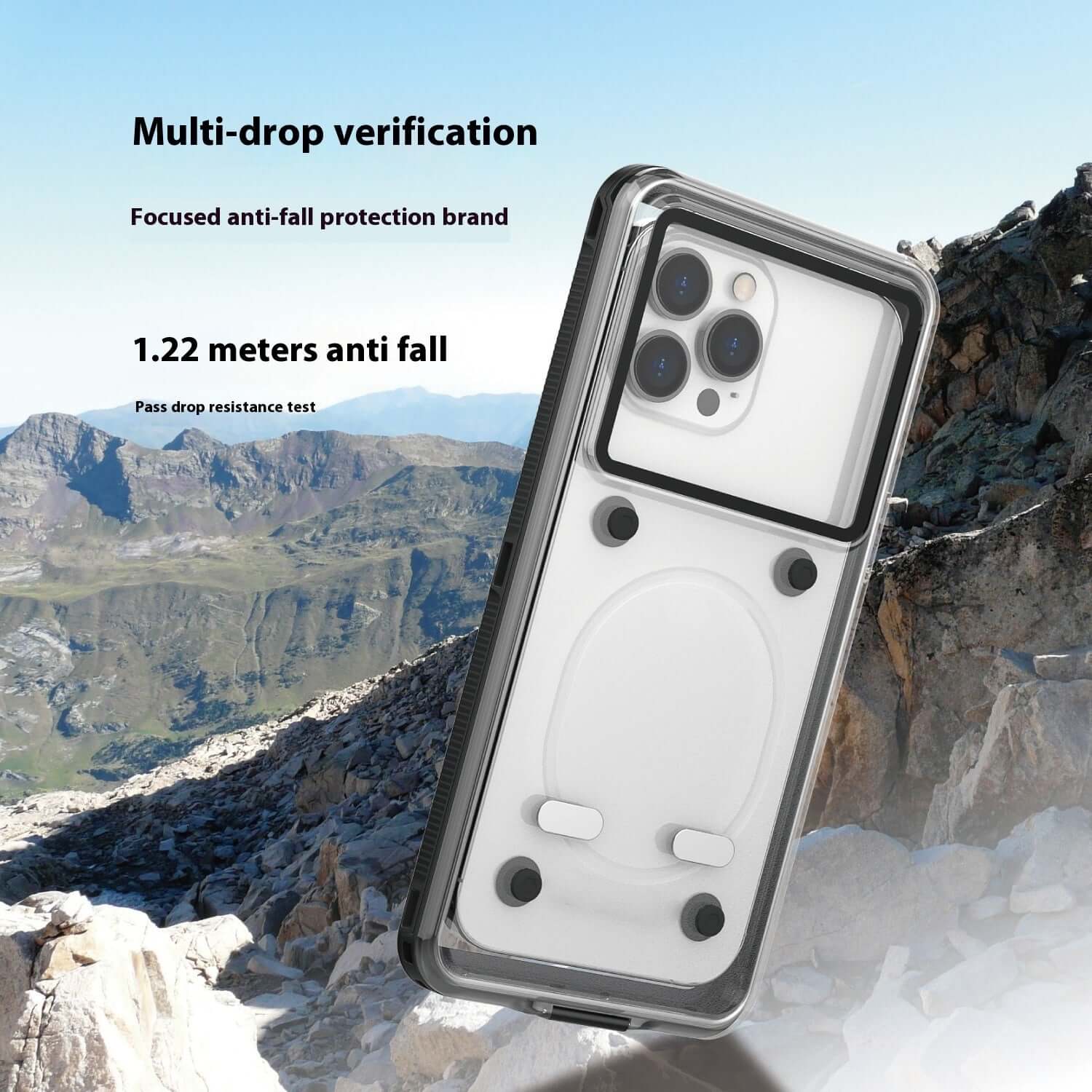 Waterproof phone case with anti-fall protection, showcasing 1.22 meters drop resistance in outdoor setting.