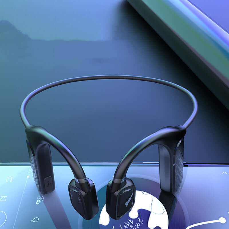Bone conduction true wireless ear-mounted headphones in black with call function and voice control feature.