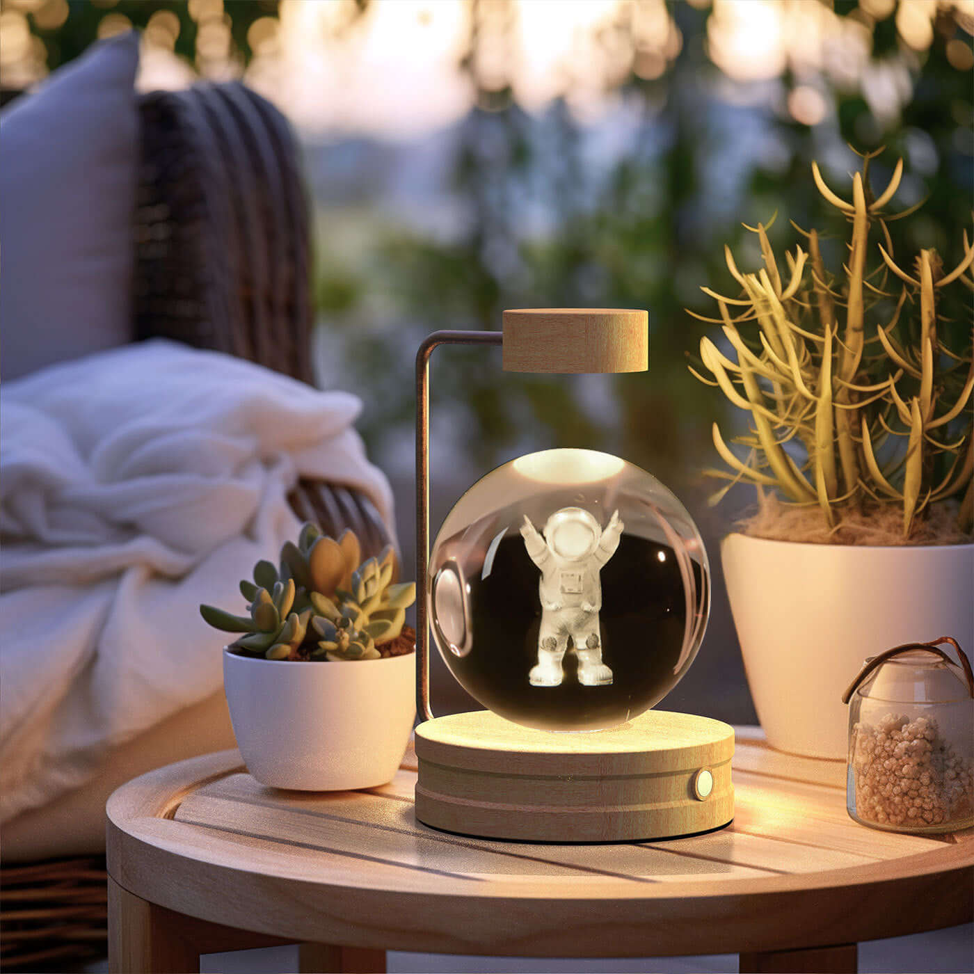 Crystal ball night light featuring an astronaut design, creating a warm ambiance for home decor.