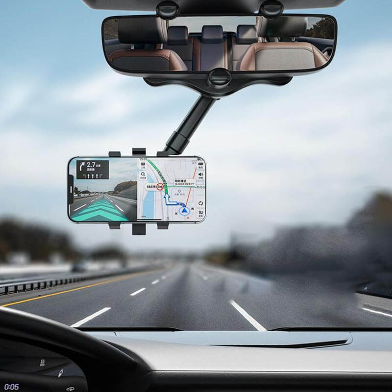 Rearview mirror phone holder mounted with phone displaying navigation, promoting safer driving experience.