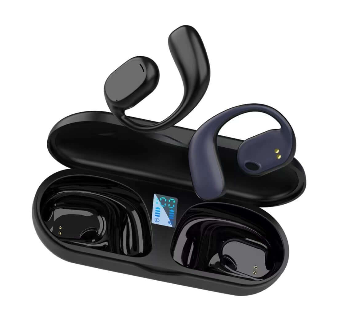 Wireless sports headphones in a charging case with digital display, featuring noise cancellation and stereo sound.