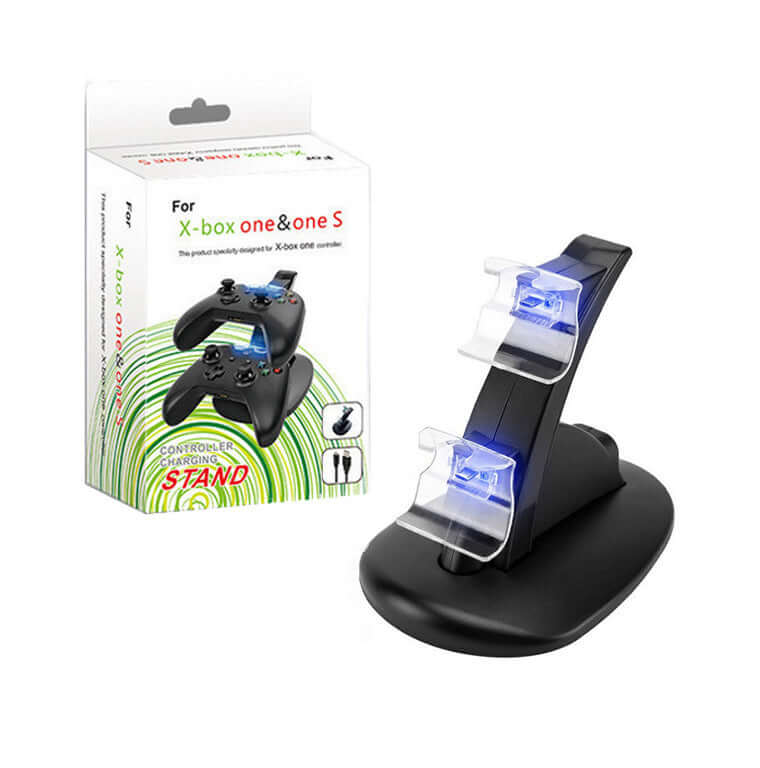 Xbox One and One S controller charging stand with blue indicator lights and sleek design for dual charging.