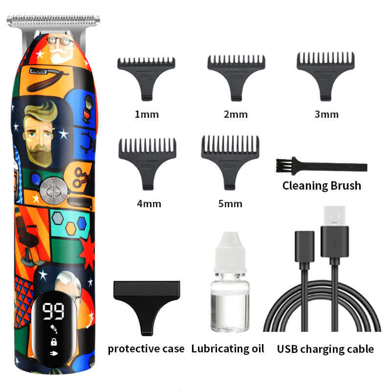 Household graffiti electric hair clipper with various limit combs, cleaning brush, USB charging cable, and lubricating oil.