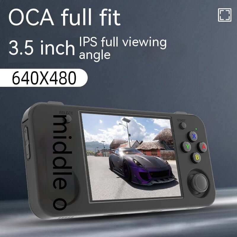 Handheld game machine showing a vibrant 3.5 inch IPS screen with 640x480 resolution for retro gaming.