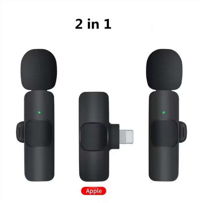 2-in-1 wireless lavalier microphone for Apple devices, showcasing compact design and plug-and-play convenience.