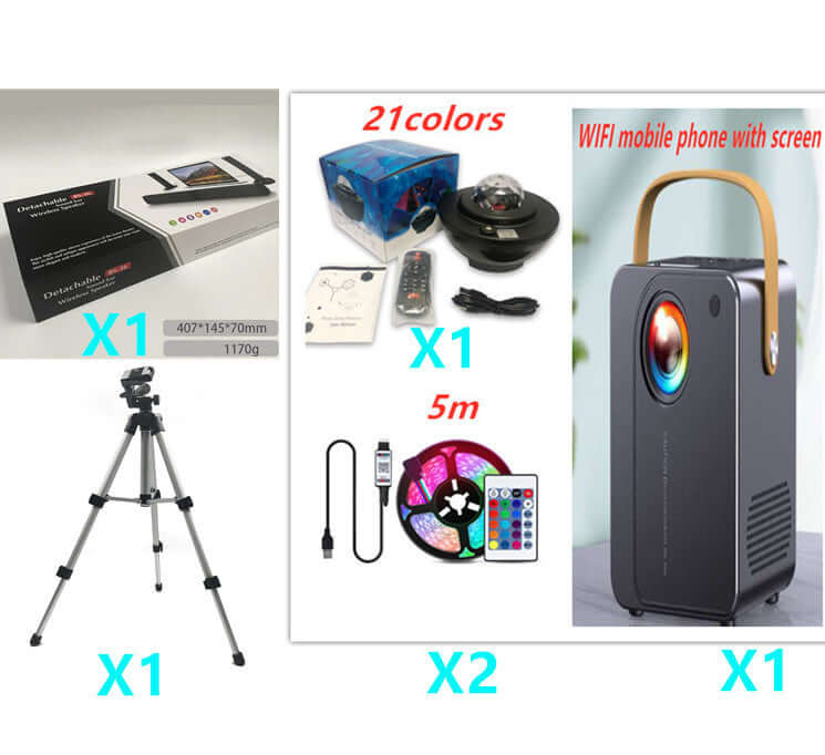 Image of projector kit with tripod, LED light, remote control, and colorful accessories.