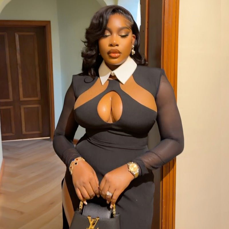 Body-hugging Shirt Collar Long Sleeve Design Hollow-out Dress - DBMP Shop