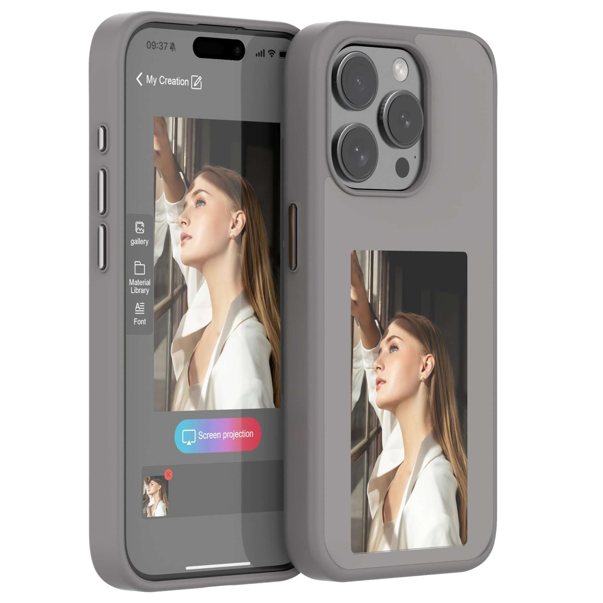 DIY Ink Screen Phone Case in gray, showcasing magnetic attraction and shockproof design for iPhone models.