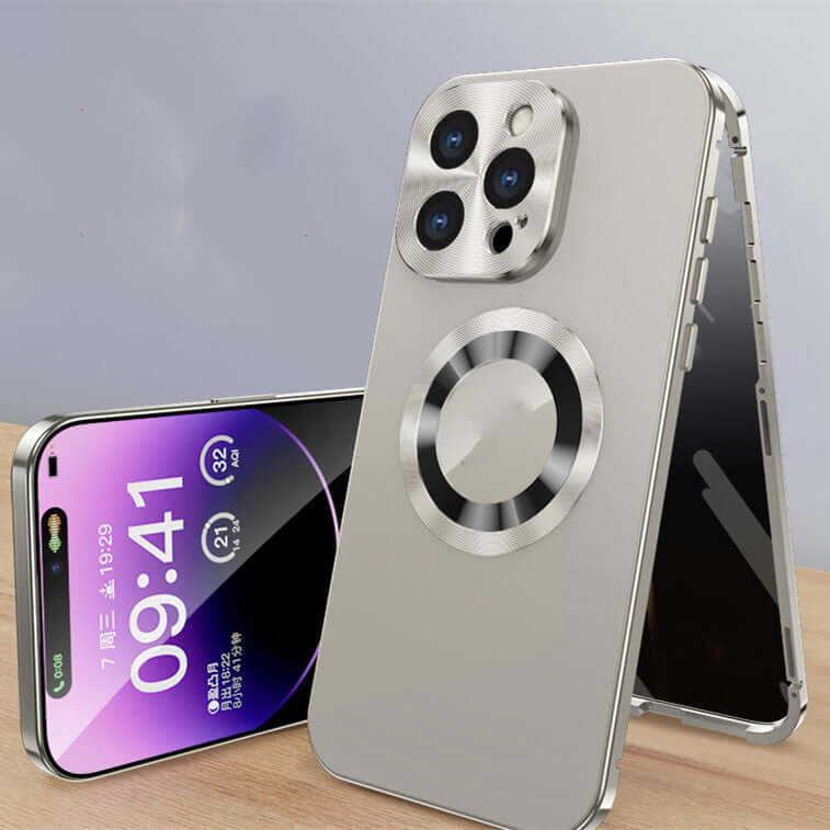 Magnetic cell phone case with anti-peep metal clip, showcasing sleek design and compatibility with iPhone models.