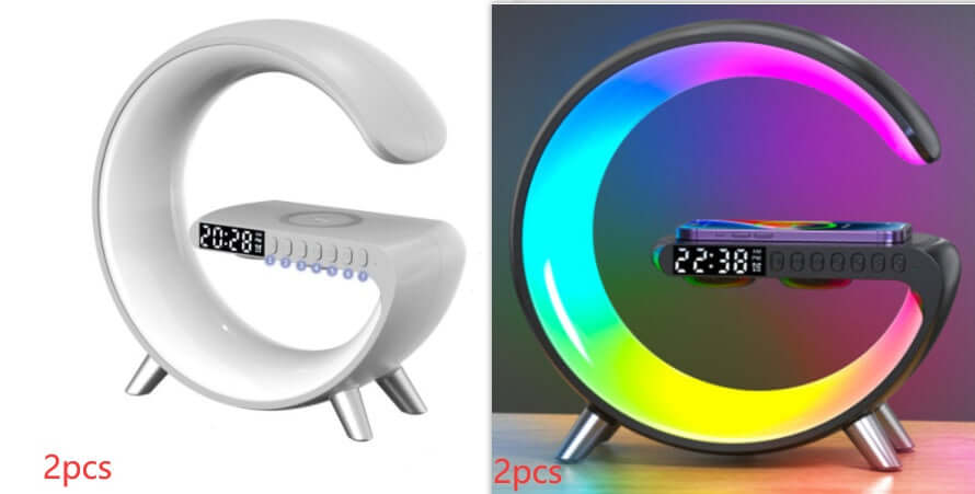 New Intelligent G Shaped LED lamp with Bluetooth speaker and wireless charger for home decor in white and black styles.