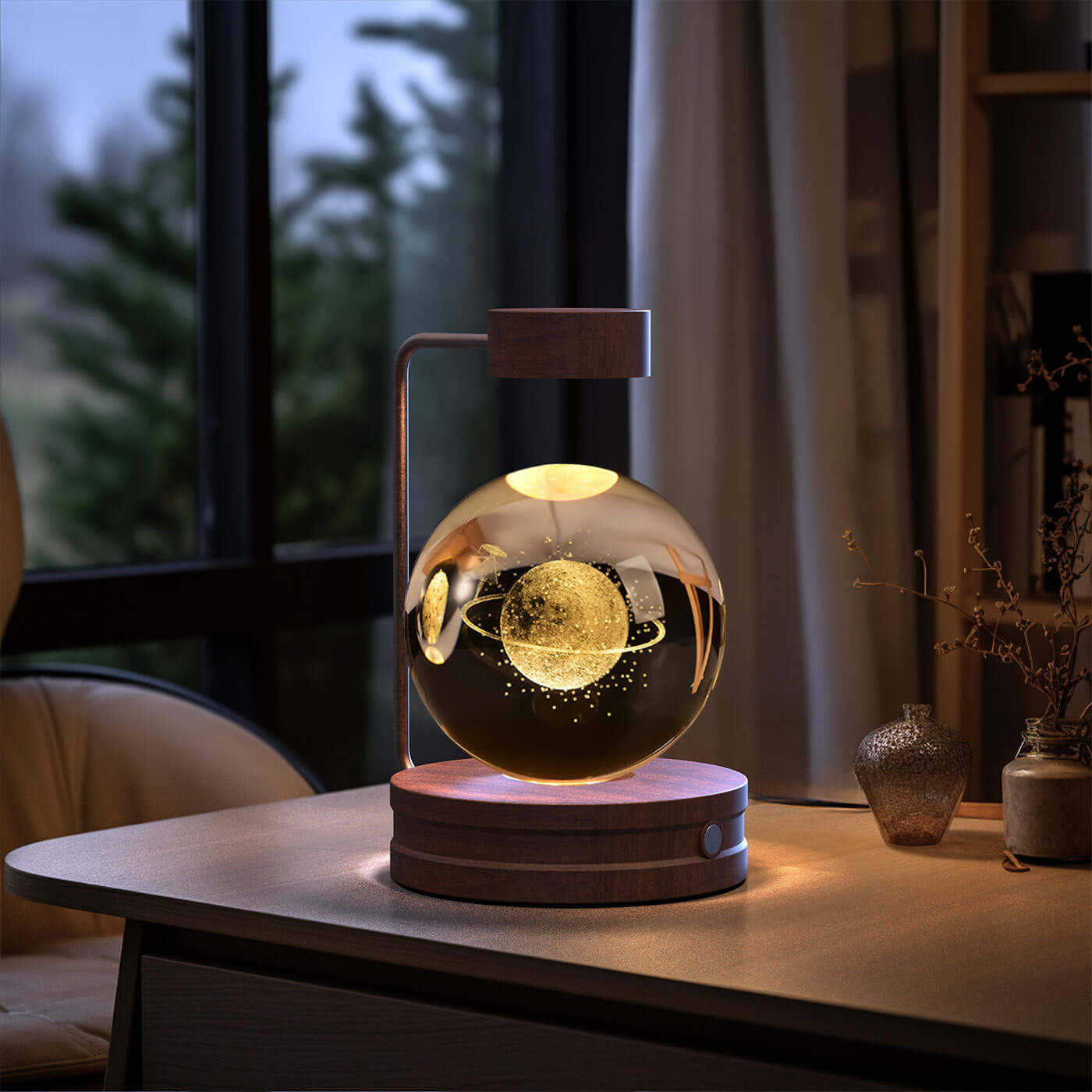 Cosmic dinosaur night light lamp with warm glow, crystal design, and wooden base, perfect for indoor ambiance.