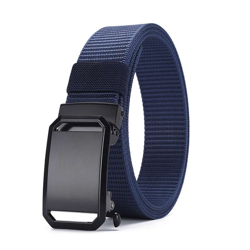 Men's automatic buckle canvas belt in dark blue with electroplated iron buckle, 120cm length.