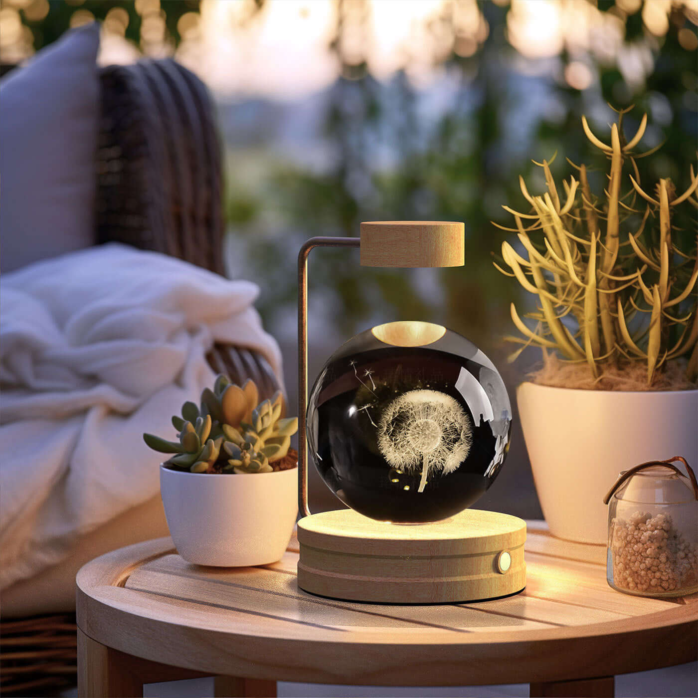 Crystal ball cosmic dinosaur night light on a wooden table, creating a warm ambiance in a cozy indoor setting.