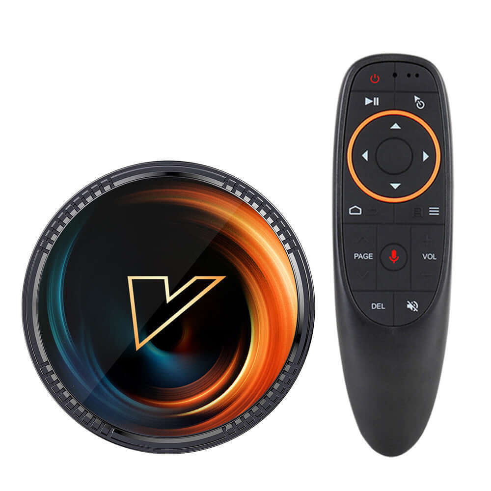 W2 ATV Android TV Box with remote control, featuring a sleek design and vibrant color swirl.