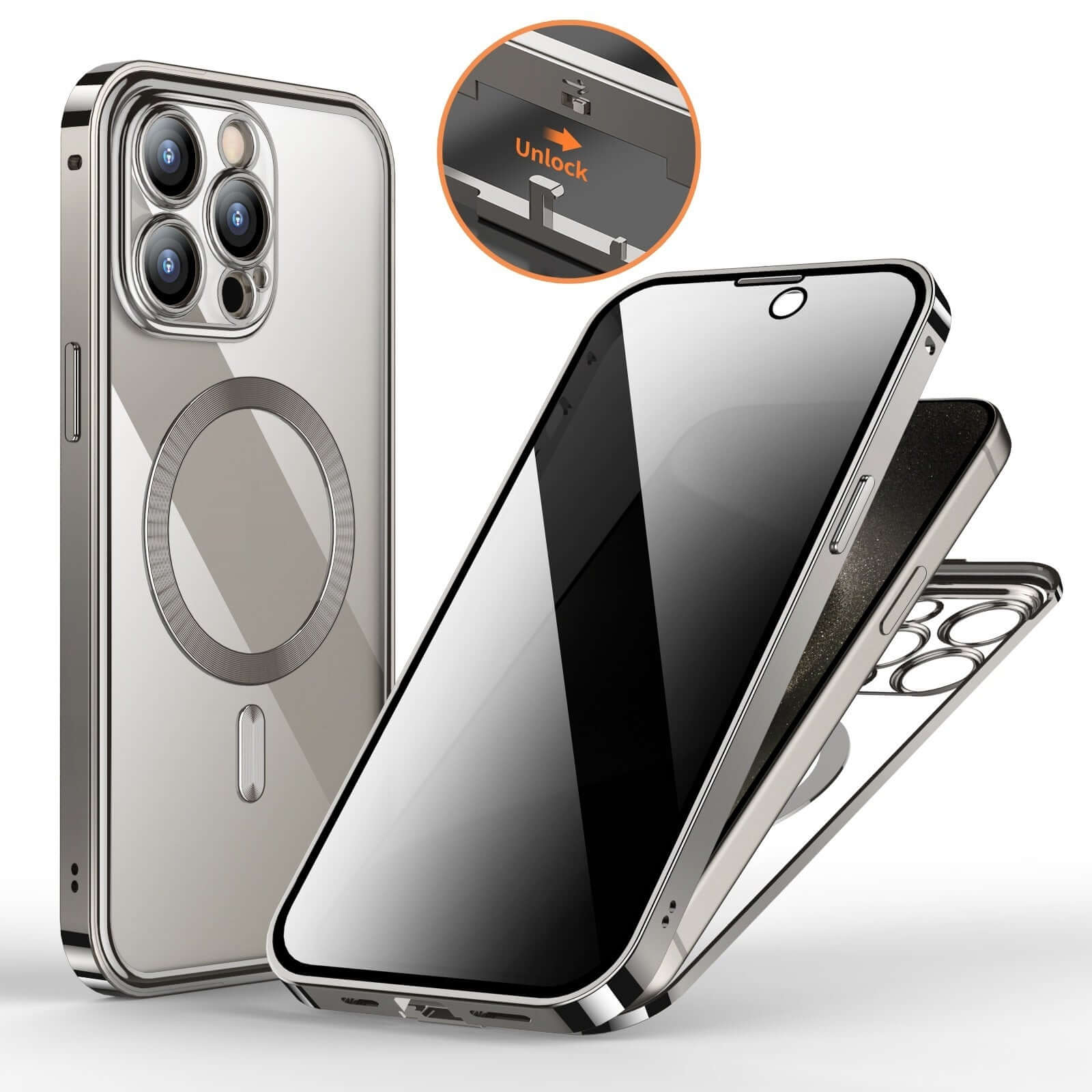 Anti-Privacy Metal Buckle Magnetic Support Wireless Charging Phone Case with Double-Sided Lens Full Cover.