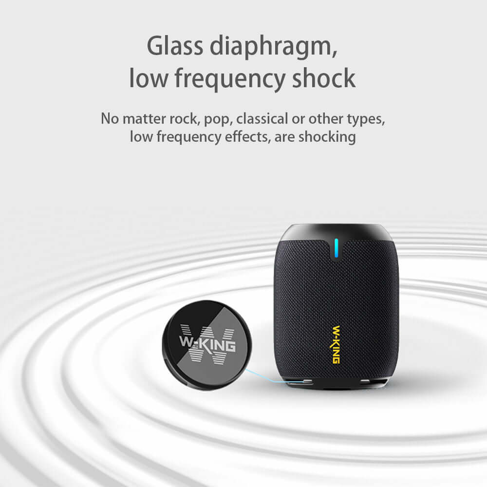 W-KING mobile wireless Bluetooth speaker showcasing glass diaphragm for low frequency sound effects.